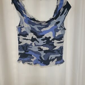 Cato Blue & Gray Camouflage Smocked Crop Tank